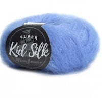 a blue ball of yarn with the word super kid silk on it